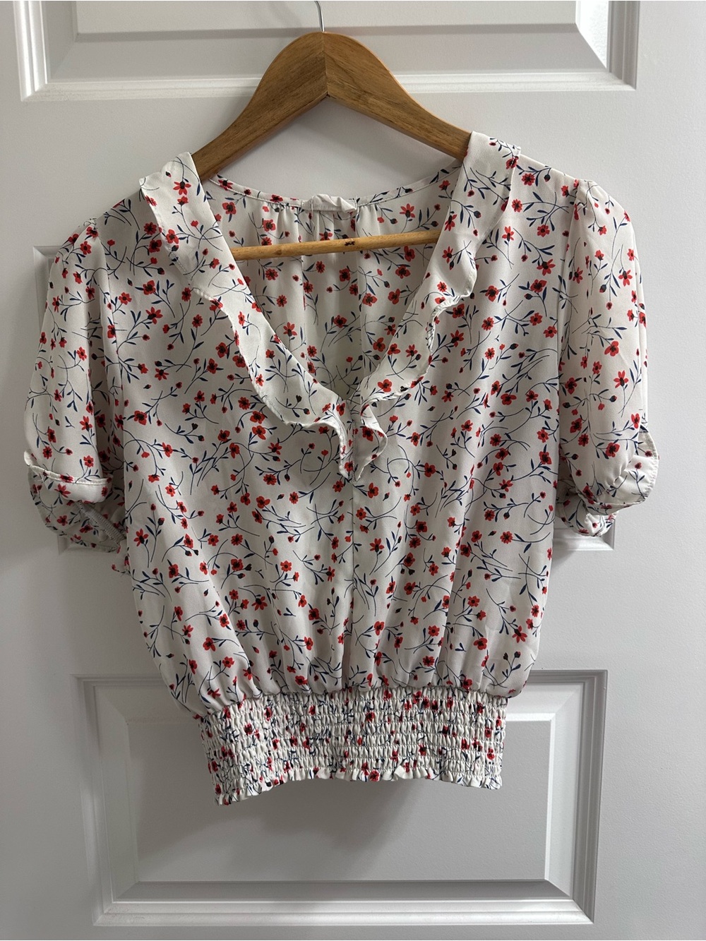 Sienna Sky Cream Floral Ruffle Smocked Waist Blouse